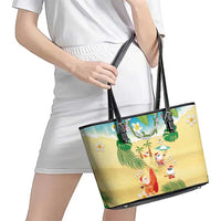 Hawaiian Mele Kalikimaka Leather Tote Bag Tropical Plumeria and Lei Funny Santa Beach - Polynesian Pride