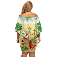 Hawaiian Mele Kalikimaka Off Shoulder Short Dress Tropical Plumeria and Lei Funny Santa Beach - Polynesian Pride