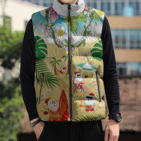 Hawaiian Mele Kalikimaka Sleeveless Puffer Jacket Tropical Plumeria and Lei Funny Santa Beach - Polynesian Pride