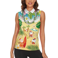 Hawaiian Mele Kalikimaka Women Sleeveless Polo Shirt Tropical Plumeria and Lei Funny Santa Beach - Polynesian Pride
