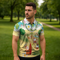 Hawaiian Mele Kalikimaka Zipper Polo Shirt Tropical Plumeria and Lei Funny Santa Beach - Polynesian Pride