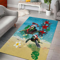 Hawaiian Mele Kalikimaka Area Rug Tropical Xmas Turtles Red Poinsettia Watercolor - Polynesian Pride