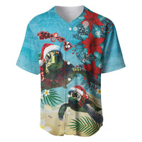 Hawaiian Mele Kalikimaka Baseball Jersey Tropical Xmas Turtles Red Poinsettia Watercolor - Polynesian Pride