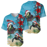 Hawaiian Mele Kalikimaka Baseball Jersey Tropical Xmas Turtles Red Poinsettia Watercolor - Polynesian Pride