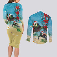 Hawaiian Mele Kalikimaka Couples Matching Long Sleeve Bodycon Dress and Long Sleeve Button Shirt Tropical Xmas Turtles Red Poinsettia Watercolor - Polynesian Pride