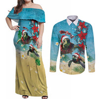 Hawaiian Mele Kalikimaka Couples Matching Off Shoulder Maxi Dress and Long Sleeve Button Shirt Tropical Xmas Turtles Red Poinsettia Watercolor - Polynesian Pride