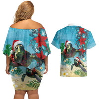 Hawaiian Mele Kalikimaka Couples Matching Off Shoulder Short Dress and Hawaiian Shirt Tropical Xmas Turtles Red Poinsettia Watercolor LT03 - Polynesian Pride