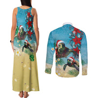 Hawaiian Mele Kalikimaka Couples Matching Tank Maxi Dress and Long Sleeve Button Shirt Tropical Xmas Turtles Red Poinsettia Watercolor - Polynesian Pride
