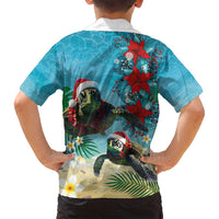 Hawaiian Mele Kalikimaka Family Matching Long Sleeve Bodycon Dress and Hawaiian Shirt Tropical Xmas Turtles Red Poinsettia Watercolor LT03 - Polynesian Pride