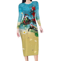 Hawaiian Mele Kalikimaka Family Matching Long Sleeve Bodycon Dress and Hawaiian Shirt Tropical Xmas Turtles Red Poinsettia Watercolor LT03 Mom's Dress Multicolor - Polynesian Pride