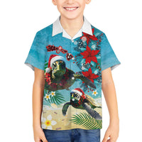 Hawaiian Mele Kalikimaka Family Matching Off The Shoulder Long Sleeve Dress and Hawaiian Shirt Tropical Xmas Turtles Red Poinsettia Watercolor LT03 Son's Shirt Multicolor - Polynesian Pride