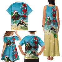 Hawaiian Mele Kalikimaka Family Matching Tank Maxi Dress and Hawaiian Shirt Tropical Xmas Turtles Red Poinsettia Watercolor LT03 - Polynesian Pride