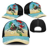 Hawaiian Mele Kalikimaka Mesh Trucker Cap Xmas Turtles and Tropical Plants with Red Poinsettia Watercolor Style - Polynesian Pride