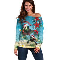 Hawaiian Mele Kalikimaka Off Shoulder Sweater Tropical Xmas Turtles Red Poinsettia Watercolor - Polynesian Pride