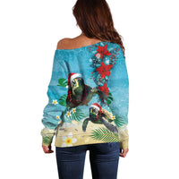 Hawaiian Mele Kalikimaka Off Shoulder Sweater Tropical Xmas Turtles Red Poinsettia Watercolor - Polynesian Pride