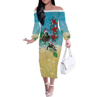 Hawaiian Mele Kalikimaka Off The Shoulder Long Sleeve Dress Tropical Xmas Turtles Red Poinsettia Watercolor - Polynesian Pride