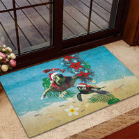Hawaiian Mele Kalikimaka Rubber Doormat Tropical Xmas Turtles Red Poinsettia Watercolor - Polynesian Pride