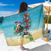 Hawaiian Mele Kalikimaka Sarong Tropical Xmas Turtles Red Poinsettia Watercolor - Polynesian Pride