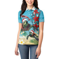 Hawaiian Mele Kalikimaka Women Polo Shirt Tropical Xmas Turtles Red Poinsettia Watercolor LT03 - Polynesian Pride