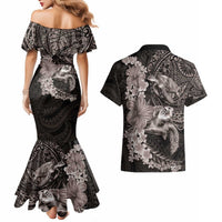 Hawaiian Plumeria and Hibiscus with Turtles Couples Matching Mermaid Dress and Hawaiian Shirt Polynesian Art Grayscale LT03 - Polynesian Pride
