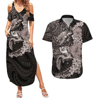 Hawaiian Plumeria and Hibiscus with Turtles Couples Matching Summer Maxi Dress and Hawaiian Shirt Polynesian Art Grayscale LT03 Black - Polynesian Pride