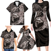 Hawaiian Plumeria and Hibiscus with Turtles Family Matching Long Sleeve Bodycon Dress and Hawaiian Shirt Polynesian Art Grayscale LT03 - Polynesian Pride