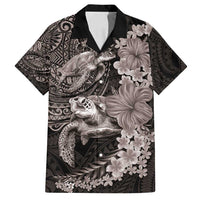 Hawaiian Plumeria and Hibiscus with Turtles Family Matching Long Sleeve Bodycon Dress and Hawaiian Shirt Polynesian Art Grayscale LT03 Dad's Shirt - Short Sleeve Black - Polynesian Pride