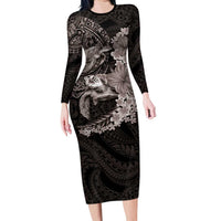 Hawaiian Plumeria and Hibiscus with Turtles Family Matching Long Sleeve Bodycon Dress and Hawaiian Shirt Polynesian Art Grayscale LT03 Mom's Dress Black - Polynesian Pride