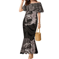 Hawaiian Plumeria and Hibiscus with Turtles Family Matching Mermaid Dress and Hawaiian Shirt Polynesian Art Grayscale LT03 Mom's Dress Black - Polynesian Pride