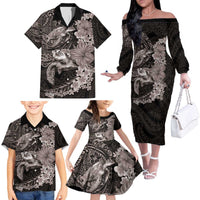 Hawaiian Plumeria and Hibiscus with Turtles Family Matching Off The Shoulder Long Sleeve Dress and Hawaiian Shirt Polynesian Art Grayscale LT03 - Polynesian Pride
