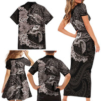 Hawaiian Plumeria and Hibiscus with Turtles Family Matching Short Sleeve Bodycon Dress and Hawaiian Shirt Polynesian Art Grayscale LT03 - Polynesian Pride