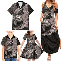 Hawaiian Plumeria and Hibiscus with Turtles Family Matching Summer Maxi Dress and Hawaiian Shirt Polynesian Art Grayscale LT03 - Polynesian Pride