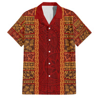 Hawaii Style Hibiscus and Tribal Element Fabric Patchwork Family Matching Off Shoulder Long Sleeve Dress and Hawaiian Shirt LT03 Dad's Shirt - Short Sleeve Red - Polynesian Pride