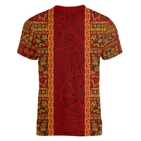 Hawaii Style Hibiscus and Tribal Element Fabric Patchwork Women V Neck T Shirt LT03 - Polynesian Pride
