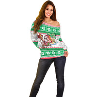 Custom Hawaii Mele Kalikimaka Off Shoulder Sweater Aloha Santa and Palm Tree Mix Kakau Pattern LT03 - Polynesian Pride