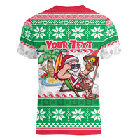 Custom Hawaii Mele Kalikimaka Women V Neck T Shirt Aloha Santa and Palm Tree Mix Kakau Pattern LT03 - Polynesian Pride