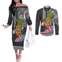 Hawaii Pineapple Surfing With Kakau Tribal Couples Matching Off The Shoulder Long Sleeve Dress and Long Sleeve Button Shirt LT03 Brown - Polynesian Pride