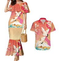 Hawaiian and Japanese Culture Together Couples Matching Mermaid Dress and Hawaiian Shirt Kakau Art Tattoo with Cranes and Sakura Spring Vibe LT03 Multicolor - Polynesian Pride