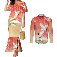 Hawaiian and Japanese Culture Together Couples Matching Mermaid Dress and Long Sleeve Button Shirt Kakau Art Tattoo with Cranes and Sakura Spring Vibe LT03 Multicolor - Polynesian Pride