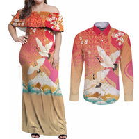 Hawaiian and Japanese Culture Together Couples Matching Off Shoulder Maxi Dress and Long Sleeve Button Shirt Kakau Art Tattoo with Cranes and Sakura Spring Vibe LT03 Multicolor - Polynesian Pride