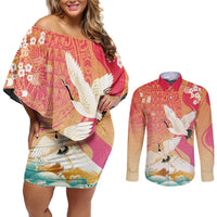 Hawaiian and Japanese Culture Together Couples Matching Off Shoulder Short Dress and Long Sleeve Button Shirt Kakau Art Tattoo with Cranes and Sakura Spring Vibe LT03 Multicolor - Polynesian Pride