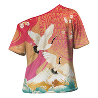 Hawaiian and Japanese Culture Together Cross Shoulder Shirt Kakau Art Tattoo with Cranes and Sakura Spring Vibe LT03 - Polynesian Pride