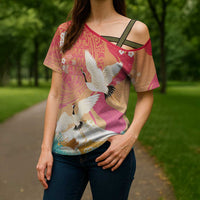 Hawaiian and Japanese Culture Together Cross Shoulder Shirt Kakau Art Tattoo with Cranes and Sakura Spring Vibe LT03 - Polynesian Pride