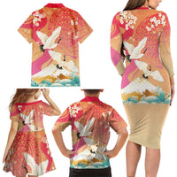 Hawaiian and Japanese Culture Together Family Matching Long Sleeve Bodycon Dress and Hawaiian Shirt Kakau Art Tattoo with Cranes and Sakura Spring Vibe LT03 - Polynesian Pride