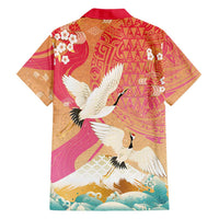 Hawaiian and Japanese Culture Together Family Matching Off Shoulder Short Dress and Hawaiian Shirt Kakau Art Tattoo with Cranes and Sakura Spring Vibe LT03 - Polynesian Pride