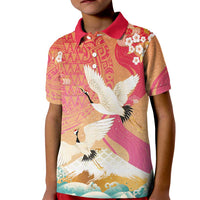 Hawaiian and Japanese Culture Together Kid Polo Shirt Kakau Art Tattoo with Cranes and Sakura Spring Vibe LT03 Kid Multicolor - Polynesian Pride