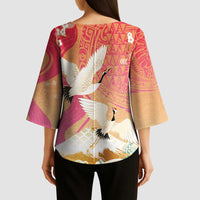Hawaiian and Japanese Culture Together Kimono Sleeve Blouse Kakau Art Tattoo with Cranes and Sakura Spring Vibe LT03 - Polynesian Pride