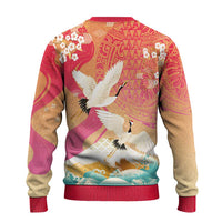 Hawaiian and Japanese Culture Together Ugly Christmas Sweater Kakau Art Tattoo with Cranes and Sakura Spring Vibe LT03 - Polynesian Pride