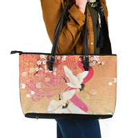 Hawaiian and Japanese Culture Together Leather Tote Bag Kakau Art Tattoo with Cranes and Sakura Spring Vibe LT03 - Polynesian Pride