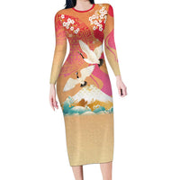 Hawaiian and Japanese Culture Together Long Sleeve Bodycon Dress Kakau Art Tattoo with Cranes and Sakura Spring Vibe LT03 Long Dress Multicolor - Polynesian Pride